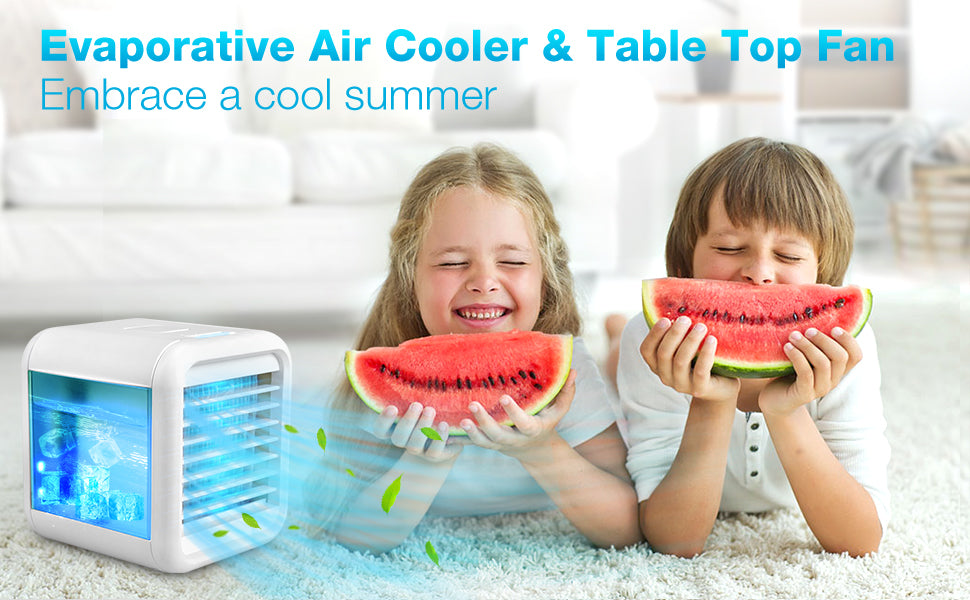 Mini Evaporative Air Coolers with 3-Speed, USB Charging,7 Color night light for Home & Office , White