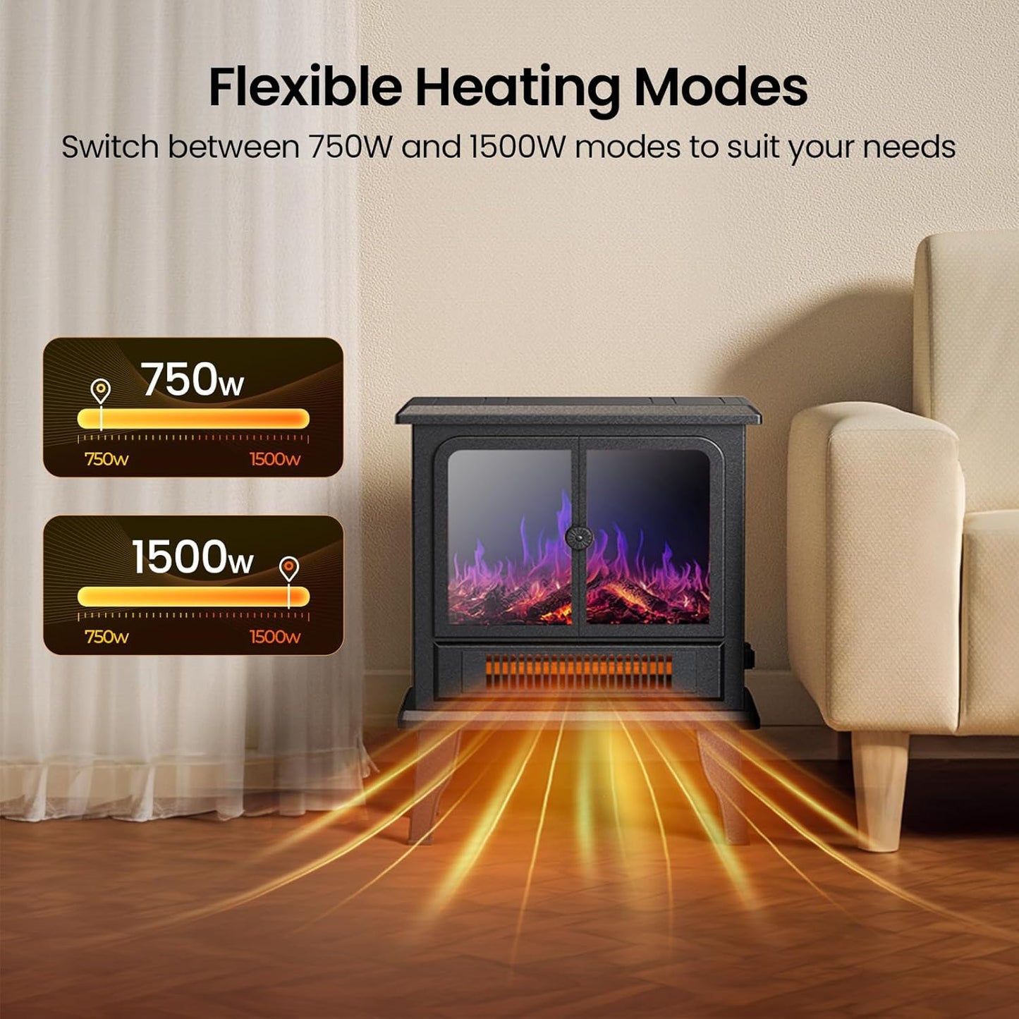 Ecotronic Electric 18.9in FreeStanding Fireplace Heater with 3D Flame, 750W/1500W Indoor Spverheating Protection for Living Room, Bedroom
