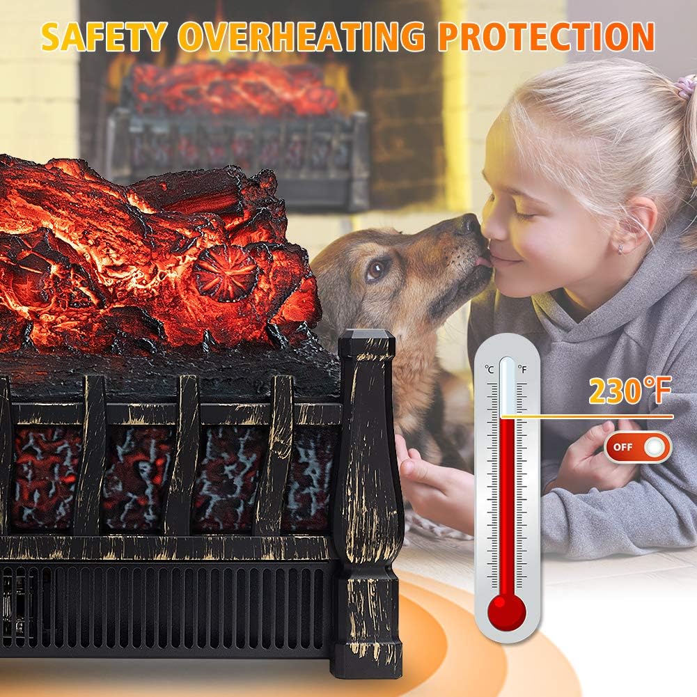 Electric Fireplace Log Set Heater, 21 Inch, with Remote Control, 8H Timer, Realistic Flame,Black, New