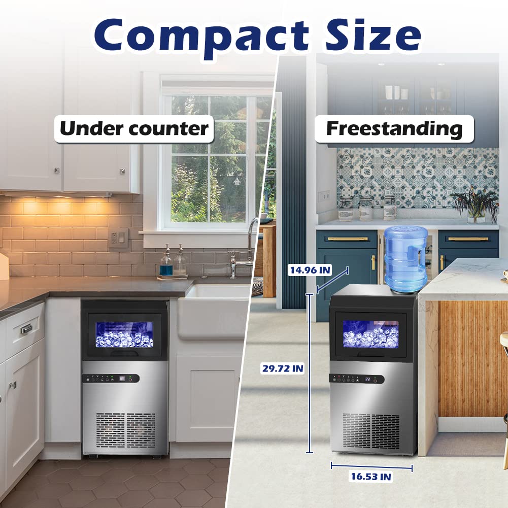 Commercial Ice Maker Machine, 100LBS/24H Under Counter Ice Maker with Large Ice Bin, 45 Ice Cubes/Cycle, 2 Water Inlet Modes, Self Clean, 24H Timer, Large Industrial Ice Maker for Bar, Coffee Shop