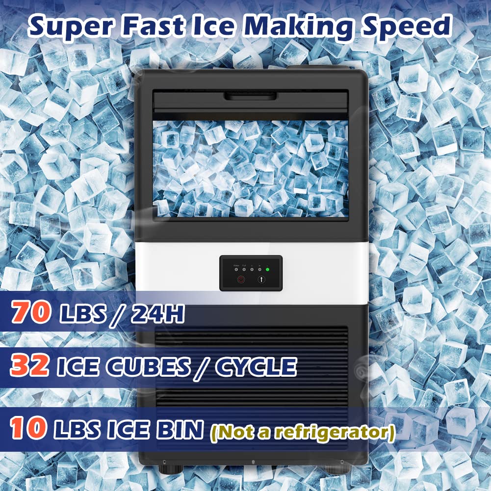 Ecotronic Commercial Ice Maker, 70LBS/24H Under Counter Ice Maker with 10LBS Ice Bin, 32 Ice Cubes/Cycle, 2 Water Inlet Modes, Self Clean, ETL & FDA, Ideal for Bar, Office, Coffee Shop