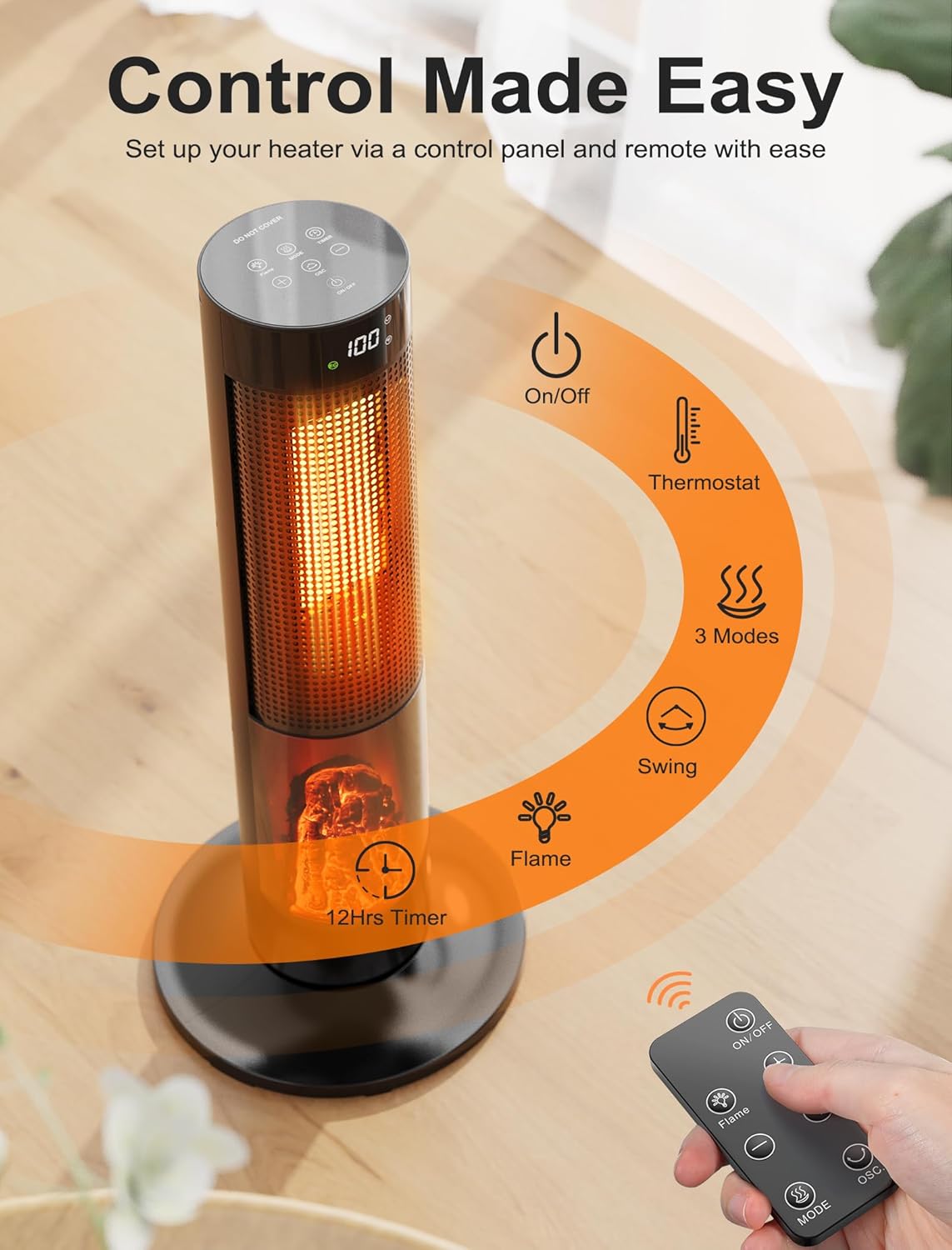 TRUSTECH 26" Tower Space Heater, 1500W Electric Space Heater for Large Room, Thermostat & 3 Modes, 60° Oscillation, 12H Timer, Safe and Quiet Space Heater for Indoor Use, Ceramic Heaters with Remote