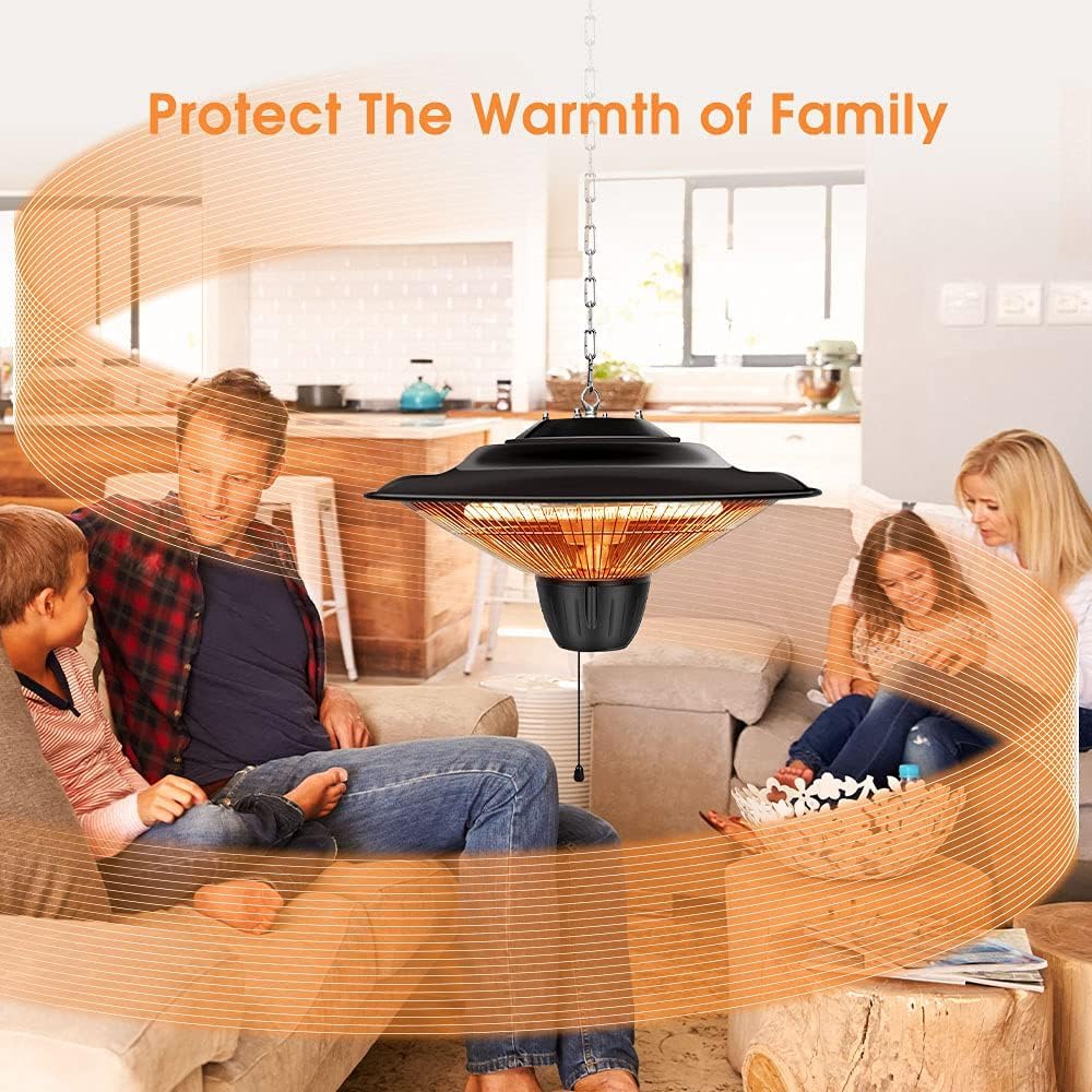 Electric Hanging Patio Heater, 1500W Infrared Heater for Outdoors/Indoors, 3s Fast Heating, Quiet, IP34 Waterproof, Adjustable Chain, Ceiling Heater for Home/Garage/Balcony