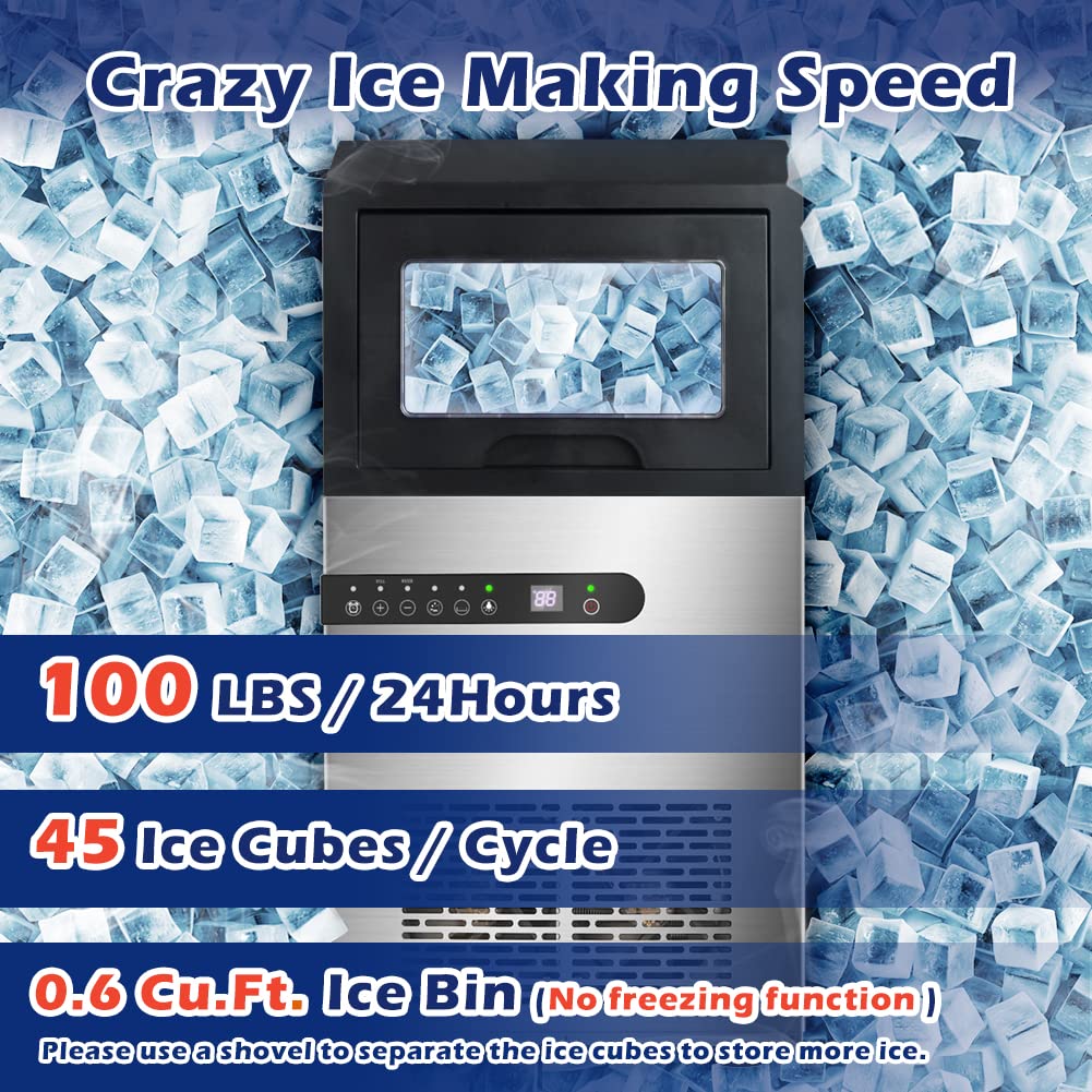 Commercial Ice Maker Machine, 100LBS/24H Under Counter Ice Maker with Large Ice Bin, 45 Ice Cubes/Cycle, 2 Water Inlet Modes, Self Clean, 24H Timer, Large Industrial Ice Maker for Bar, Coffee Shop