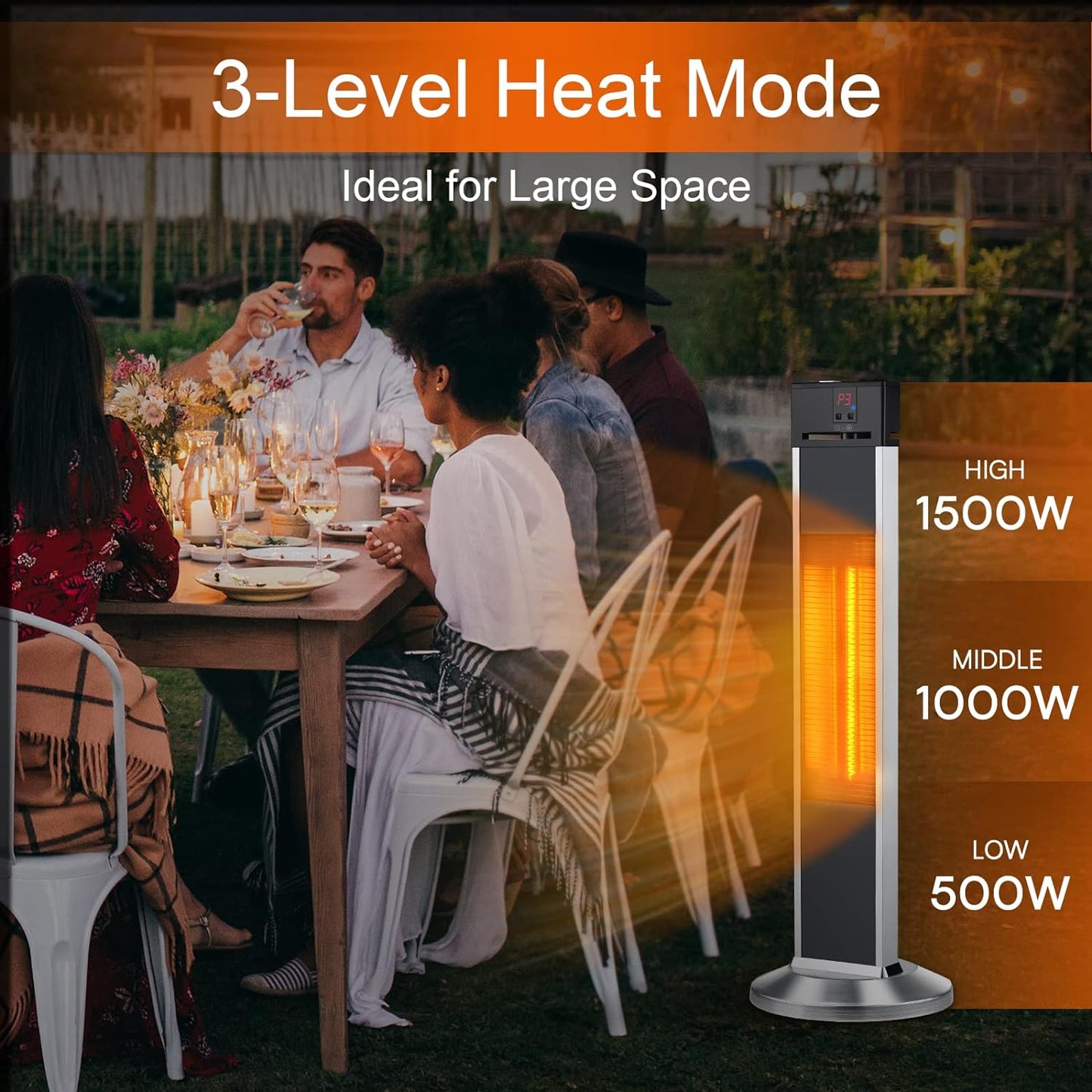 Electric Space Heaters, Infrared Heater with Remote, Auto Shut Off, 500/1000/1500W Radiant Heater, Super Quiet, 3s Instant Warm, Vertical Patio Heater for Indoor&Outdoor use