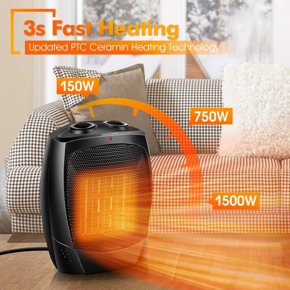 Ecotronic 1500W Ceramic Desk Space Heaters for Indoor Use, 3s Fast Heating, 3 Modes, Tip-over & Overheat Protection, Portable Carrying Handle Heater for Indoor use
