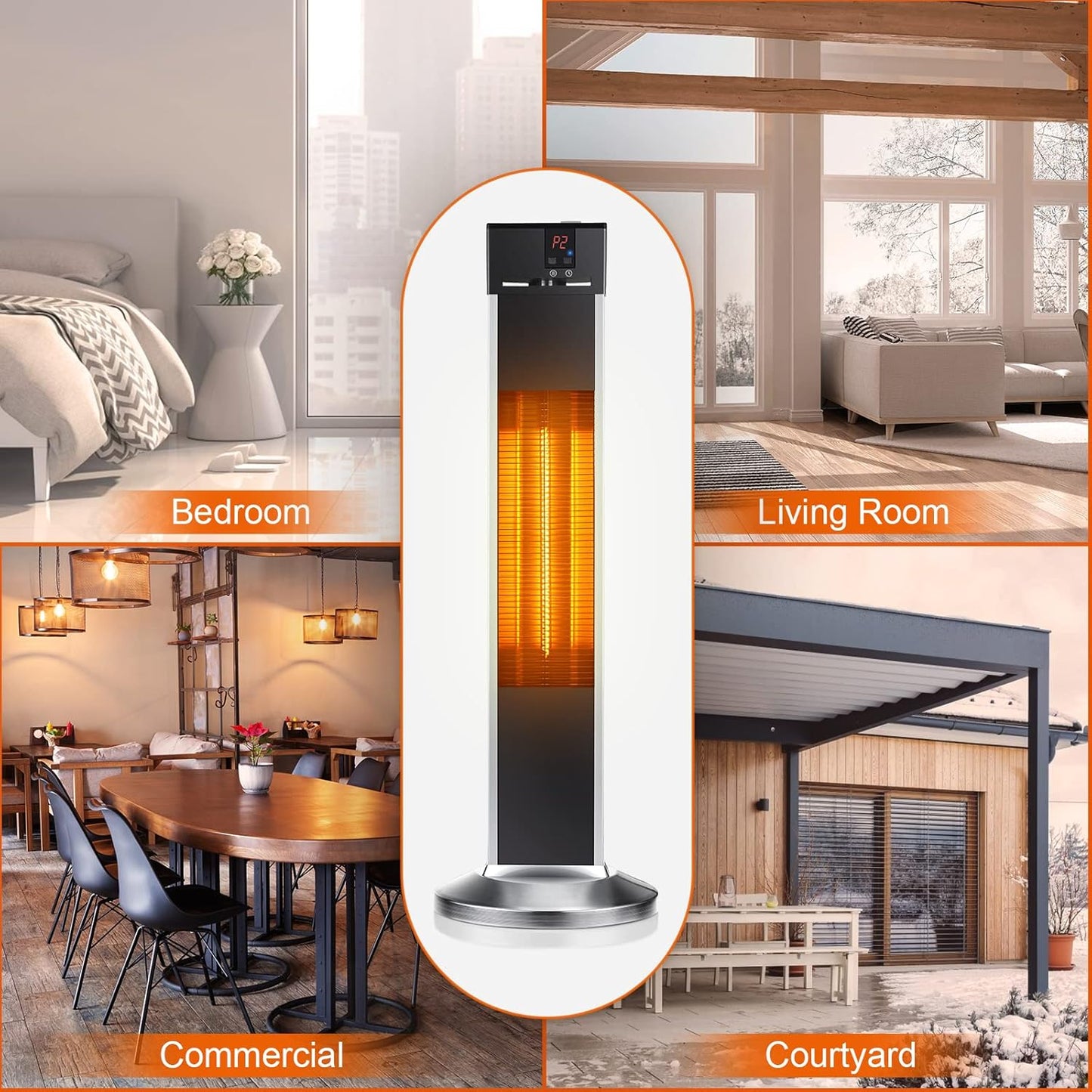 Electric Space Heaters, Infrared Heater with Remote, Auto Shut Off, 500/1000/1500W Radiant Heater, Super Quiet, 3s Instant Warm, Vertical Patio Heater for Indoor&Outdoor use
