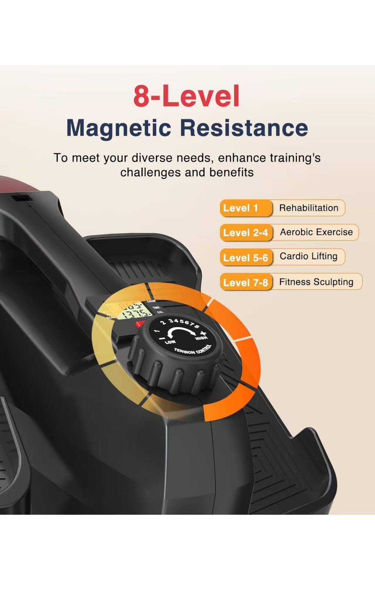 Manual Elliptical Machine, Quiet & Portable Ellipse Leg Exerciser, 8 Levels Adjustable Magnetic Sitting & Standing,Fully Assembled for Seniors,Black