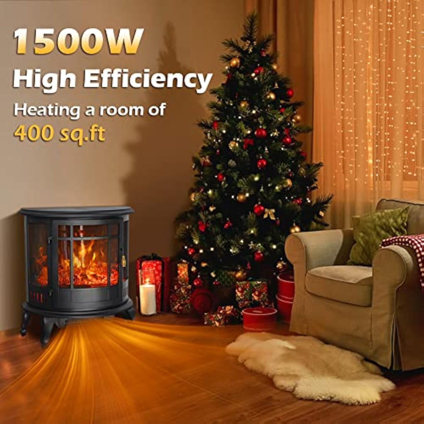 Ecotronic 1500W 25 Inch Electric Fireplace Heater with Thermostat, Real & Adjustable Flame, Overheating Protection For Indoor Use,Black
