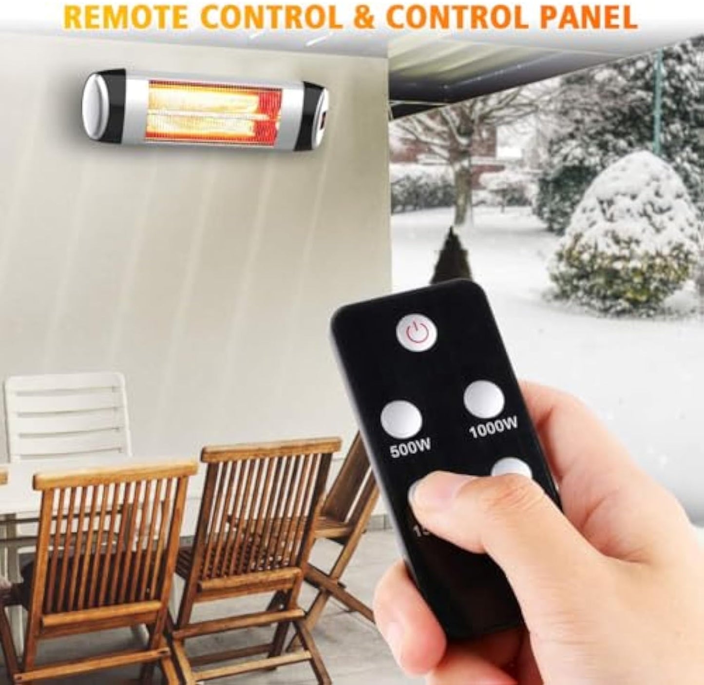 Electric Patio Heater Wall-Mounted Outdoor Heater with Remote Control, Indoor/Outdoor Infrared Heater, 1500W Quiet with LED Display, 3 Seconds Instant Warm with 24H Timer, Waterproof IP34