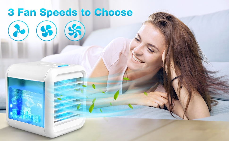 Mini  Evaporative Air Coolers with 3-Speed, USB Charging,7 Color night light for Home & Office , White