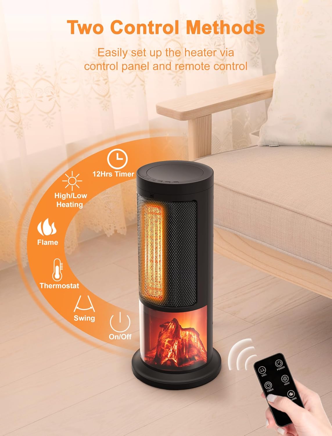 17in Tower Space Heater, 70° Oscillating Portable Heater with Thermostat & Remote, 1500W Electric Heater for Indoor Use, 12H Timer, 2 Modes, Safe & Quiet PTC Ceramic Heater for Bedroom, Office