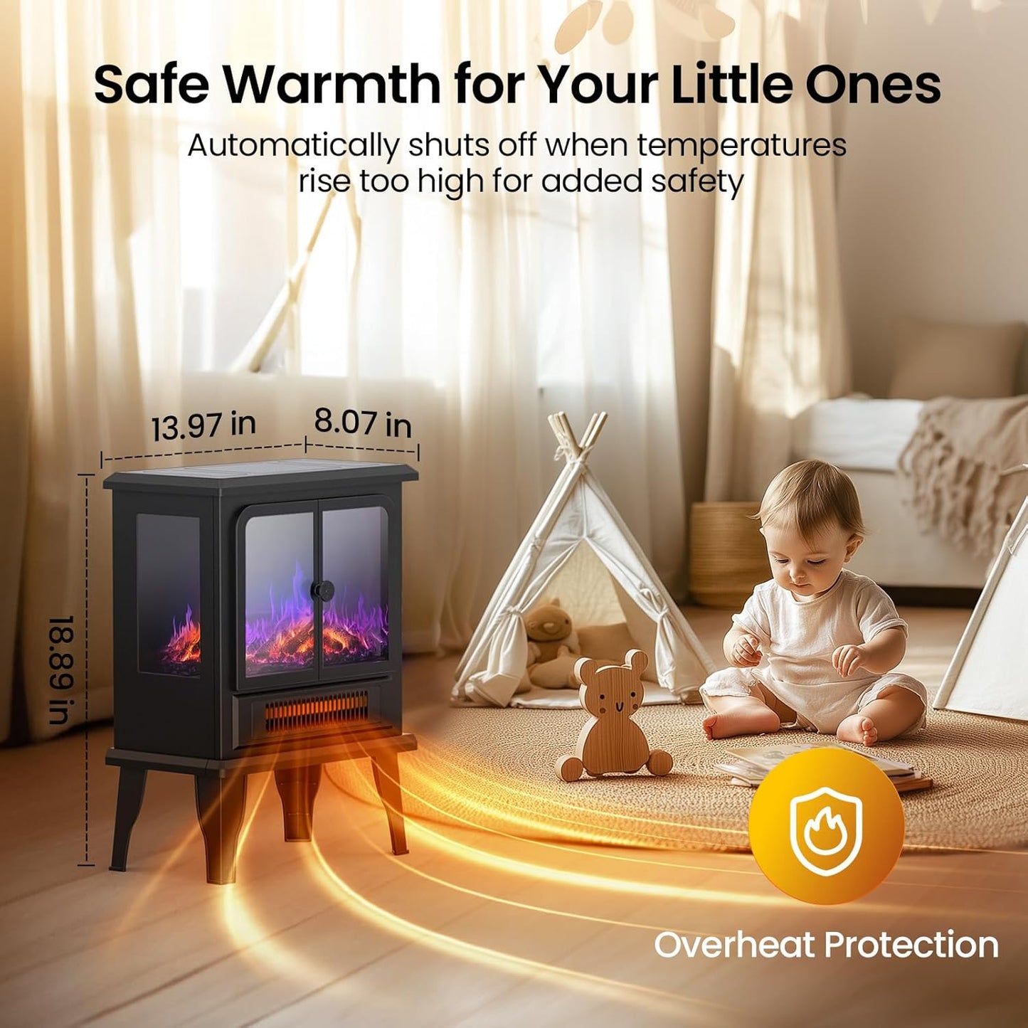 Ecotronic Electric  18.9in FreeStanding Fireplace Heater with 3D Flame, 750W/1500W Indoor Spverheating Protection for Living Room, Bedroom