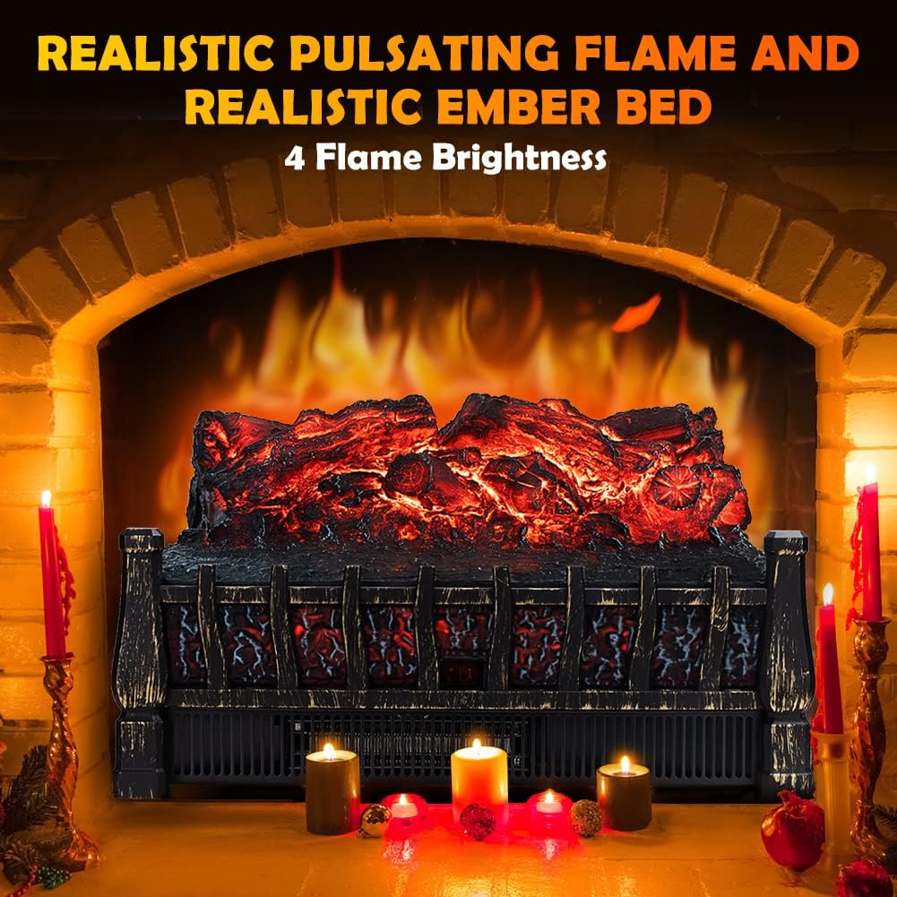 Electric Fireplace Log Set Heater, 21 Inch, with Remote Control, 8H Timer, Realistic Flame,Black, New