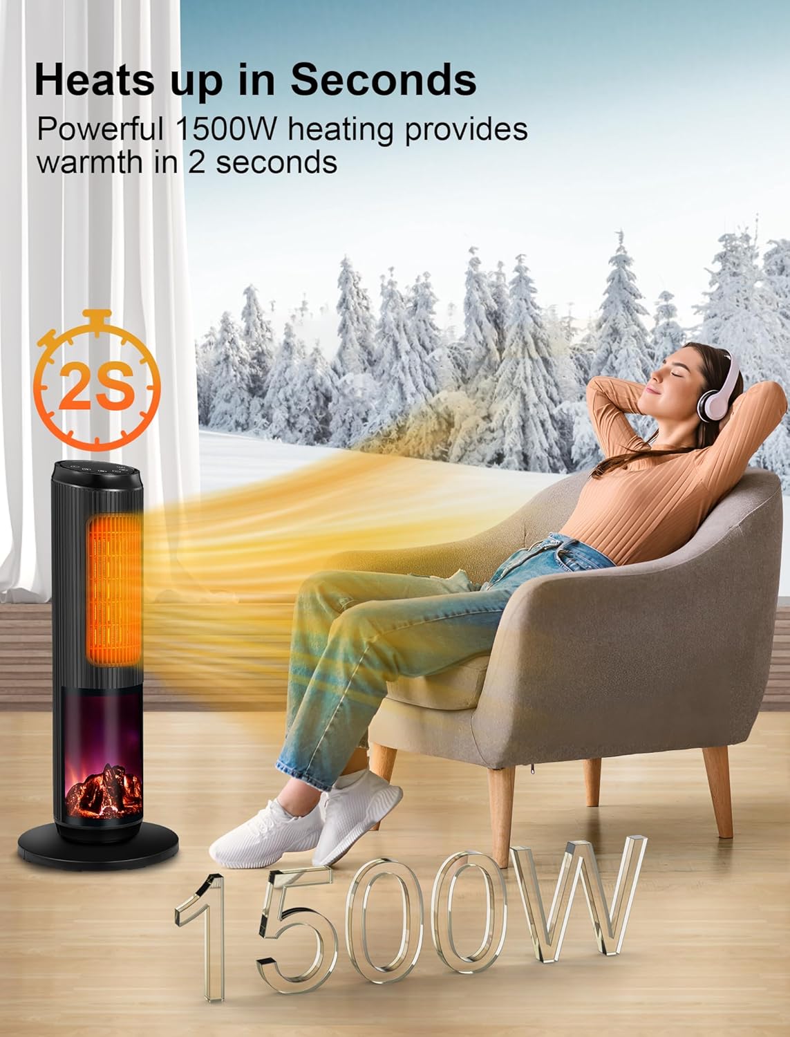 25 inches 1500W Electrical Tower Space Heater, Ceramic Heaters with Thermostat, 3 Modes, 60° Oscillation, 12H Timer, Remote Control for Indoor use