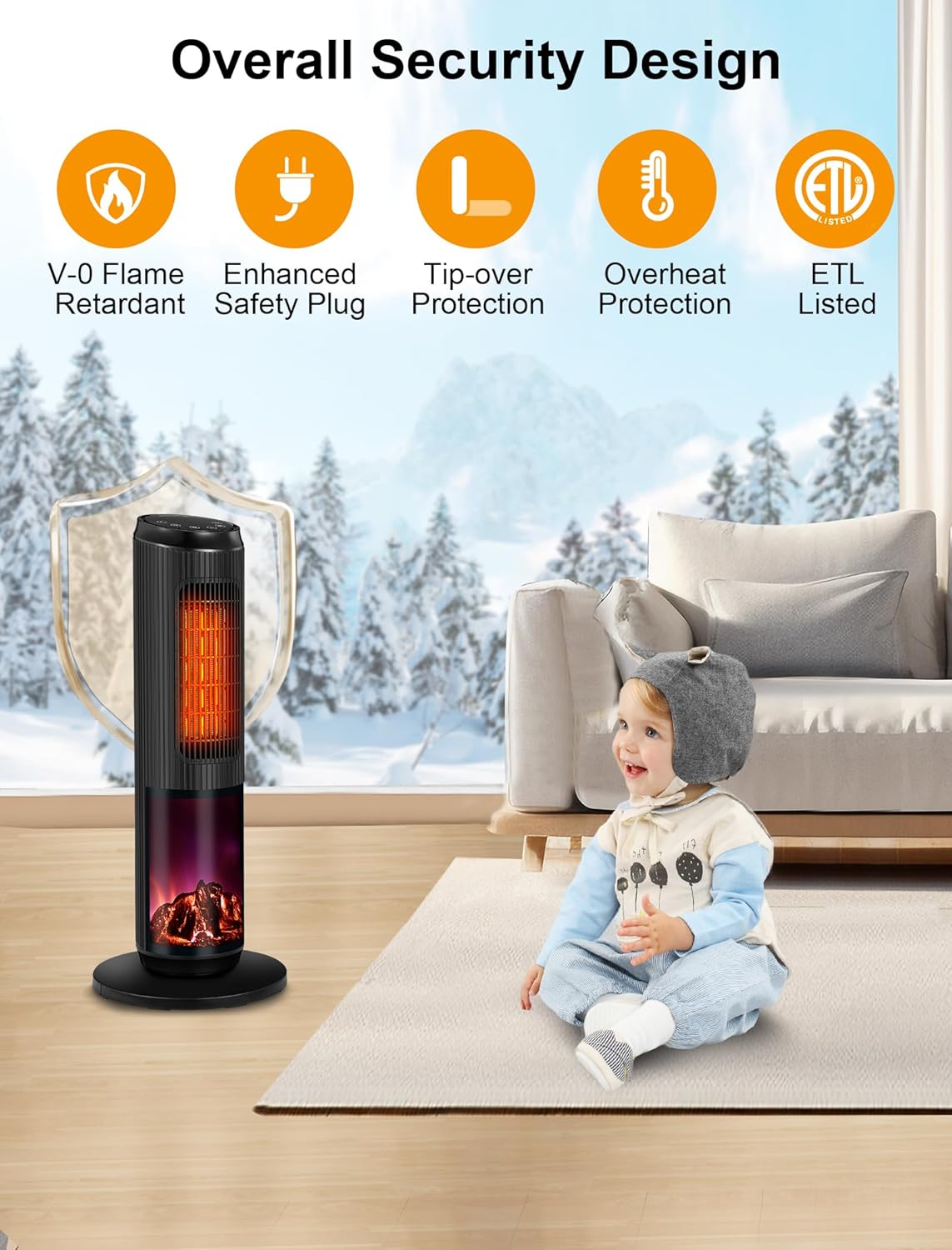 25 inches 1500W Electrical Tower Space Heater, Ceramic Heaters with Thermostat, 3 Modes, 60° Oscillation, 12H Timer, Remote Control for Indoor use