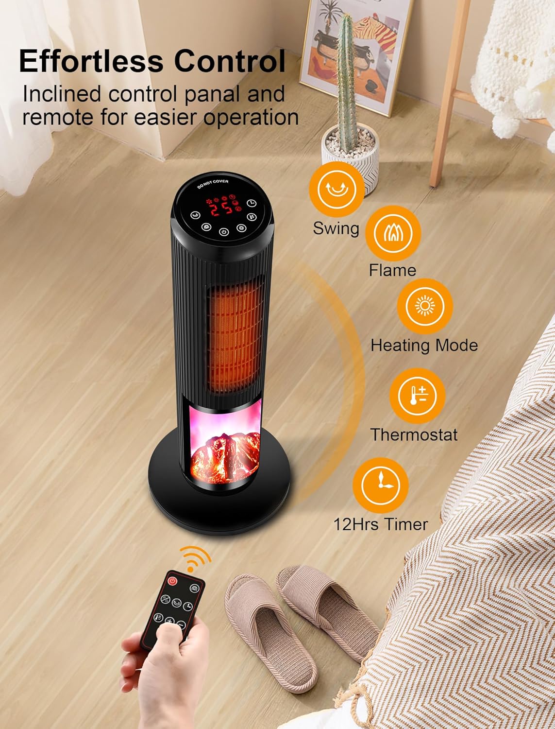 25 inches 1500W Electrical Tower Space Heater, Ceramic Heaters with Thermostat, 3 Modes, 60° Oscillation, 12H Timer, Remote Control for Indoor use