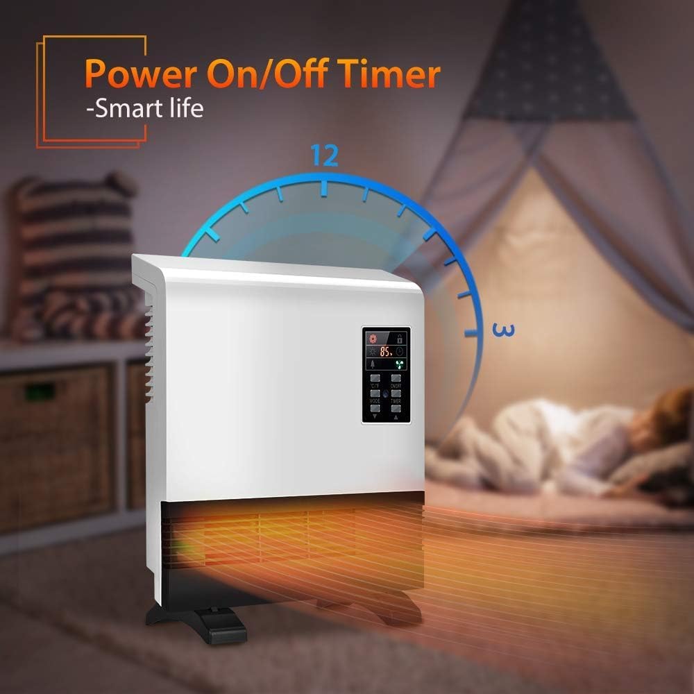 1500W Electric Floor Standing & Wall Mounted Space Heater with Adjustable Thermostat, Remote, 12H Timer, 3 Modes, Sturdy Stand, Child Lock, Waterproof Plug, Quickly Warm for Indoor Use