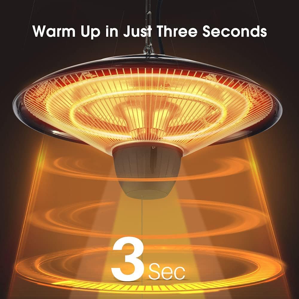 Electric Hanging Patio Heater, 1500W Infrared Heater for Outdoors/Indoors, 3s Fast Heating, Quiet, IP34 Waterproof, Adjustable Chain, Ceiling Heater for Home/Garage/Balcony