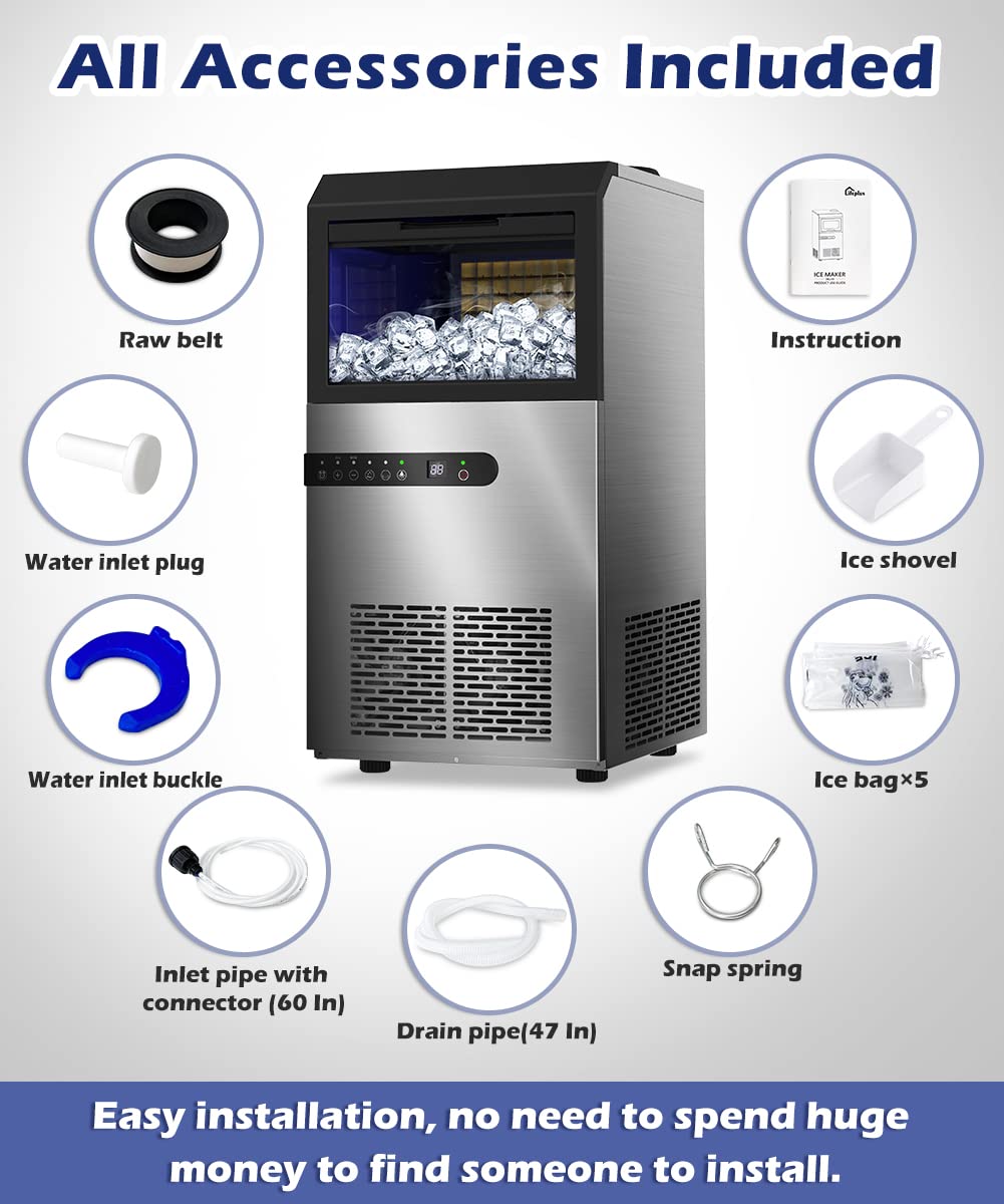 Commercial Ice Maker Machine, 100LBS/24H Under Counter Ice Maker with Large Ice Bin, 45 Ice Cubes/Cycle, 2 Water Inlet Modes, Self Clean, 24H Timer, Large Industrial Ice Maker for Bar, Coffee Shop