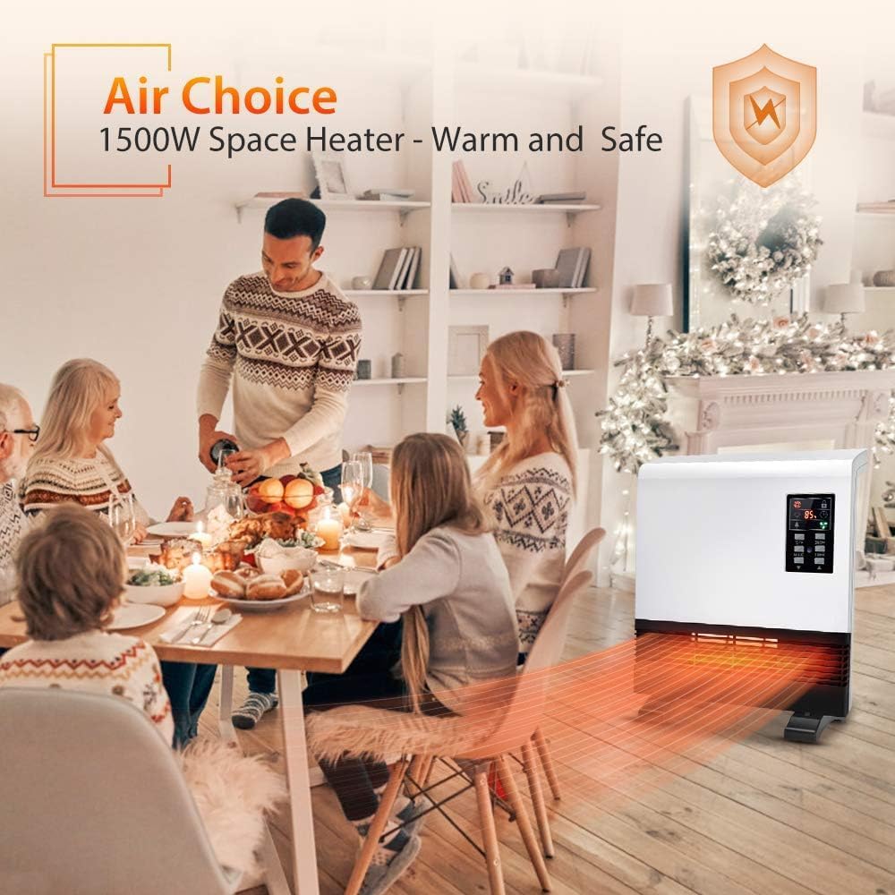 1500W Electric Floor Standing & Wall Mounted Space Heater with Adjustable Thermostat, Remote, 12H Timer, 3 Modes, Sturdy Stand, Child Lock, Waterproof Plug, Quickly Warm for Indoor Use