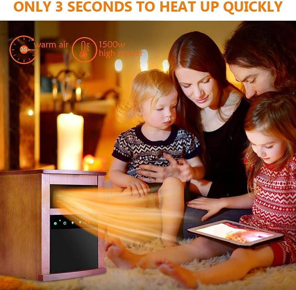 1500W Electric Infrared Heater with Remote Control 3 Mode, 12H Timer, Overheat & Tip-Over Protection, Child Lock for Indoor Use,Walnut