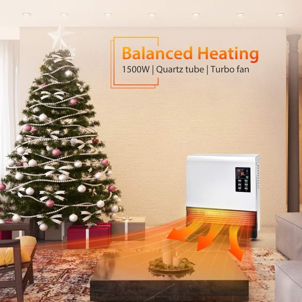 1500W Electric Floor Standing & Wall Mounted Space Heater with Adjustable Thermostat, Remote, 12H Timer, 3 Modes, Sturdy Stand, Child Lock, Waterproof Plug, Quickly Warm for Indoor Use