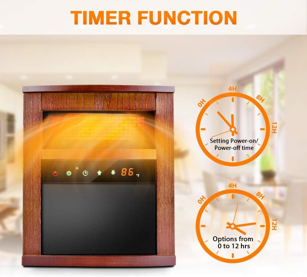 1500W Electric Infrared Heater with Remote Control 3 Mode, 12H Timer, Overheat & Tip-Over Protection, Child Lock for Indoor Use,Walnut