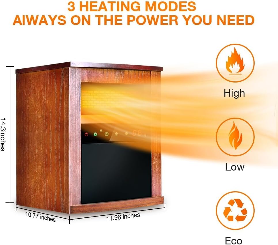 1500W Electric Infrared Heater with Remote Control 3 Mode, 12H Timer, Overheat & Tip-Over Protection, Child Lock for Indoor Use,Walnut