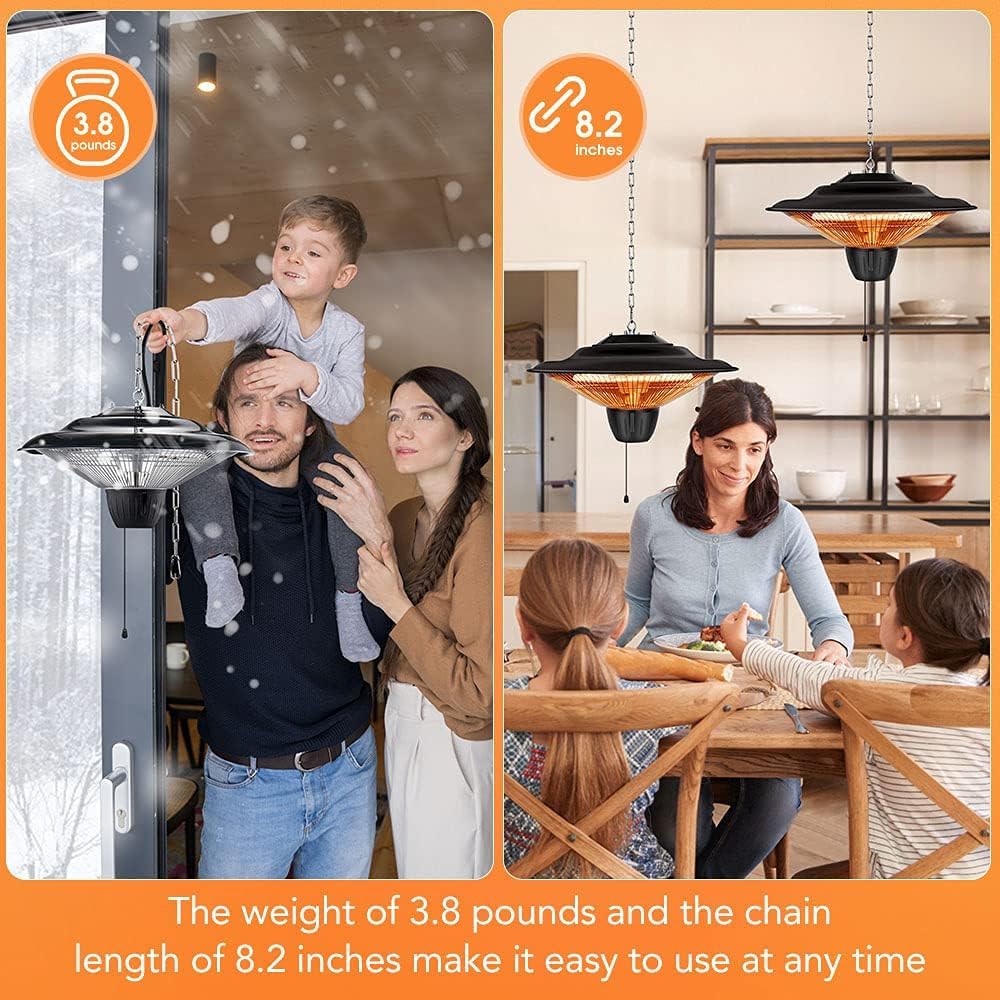 Electric Hanging Patio Heater, 1500W Infrared Heater for Outdoors/Indoors, 3s Fast Heating, Quiet, IP34 Waterproof, Adjustable Chain, Ceiling Heater for Home/Garage/Balcony