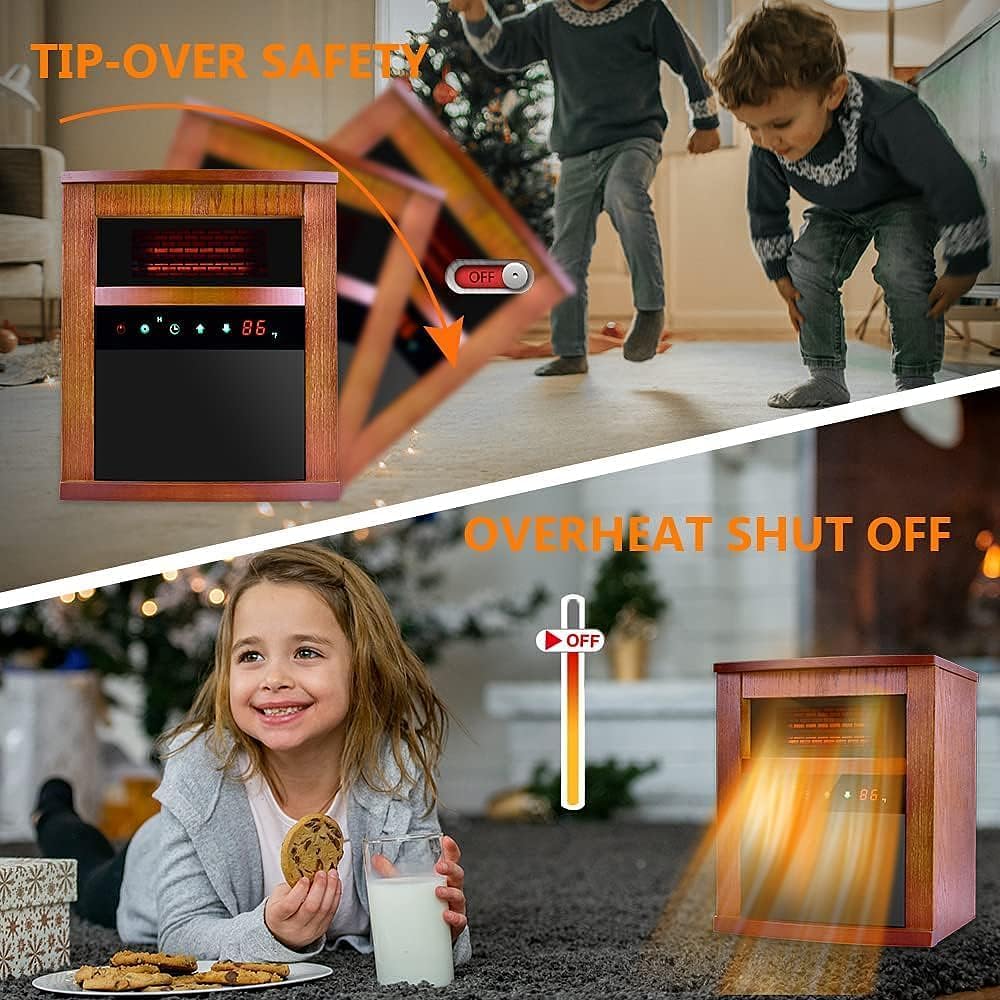 1500W Electric Infrared Heater with Remote Control 3 Mode, 12H Timer, Overheat & Tip-Over Protection, Child Lock for Indoor Use,Walnut