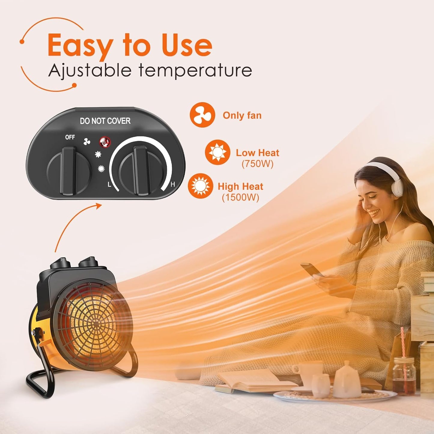 Greenhouse Heater with Thermostat, 1500W Indoor/Outdoor Space Heater with 3 Modes, 3s PTC Fast Heat, Overheat Protection, 90° Tilt Rotation, Portable Garage Heater for Patio, Tent and Indoor Use