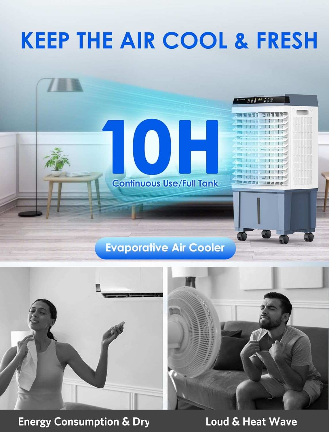 Ecotronic Swamp Cooler, 3-in-1 Evaporative Air Cooler 1800CFM with 12H Timer, Remote Control, 4 Ice Packs & 5.3 Gal Water Tank, 110° Oscillation, 3 Speeds, for Outdoor & Indoor Use