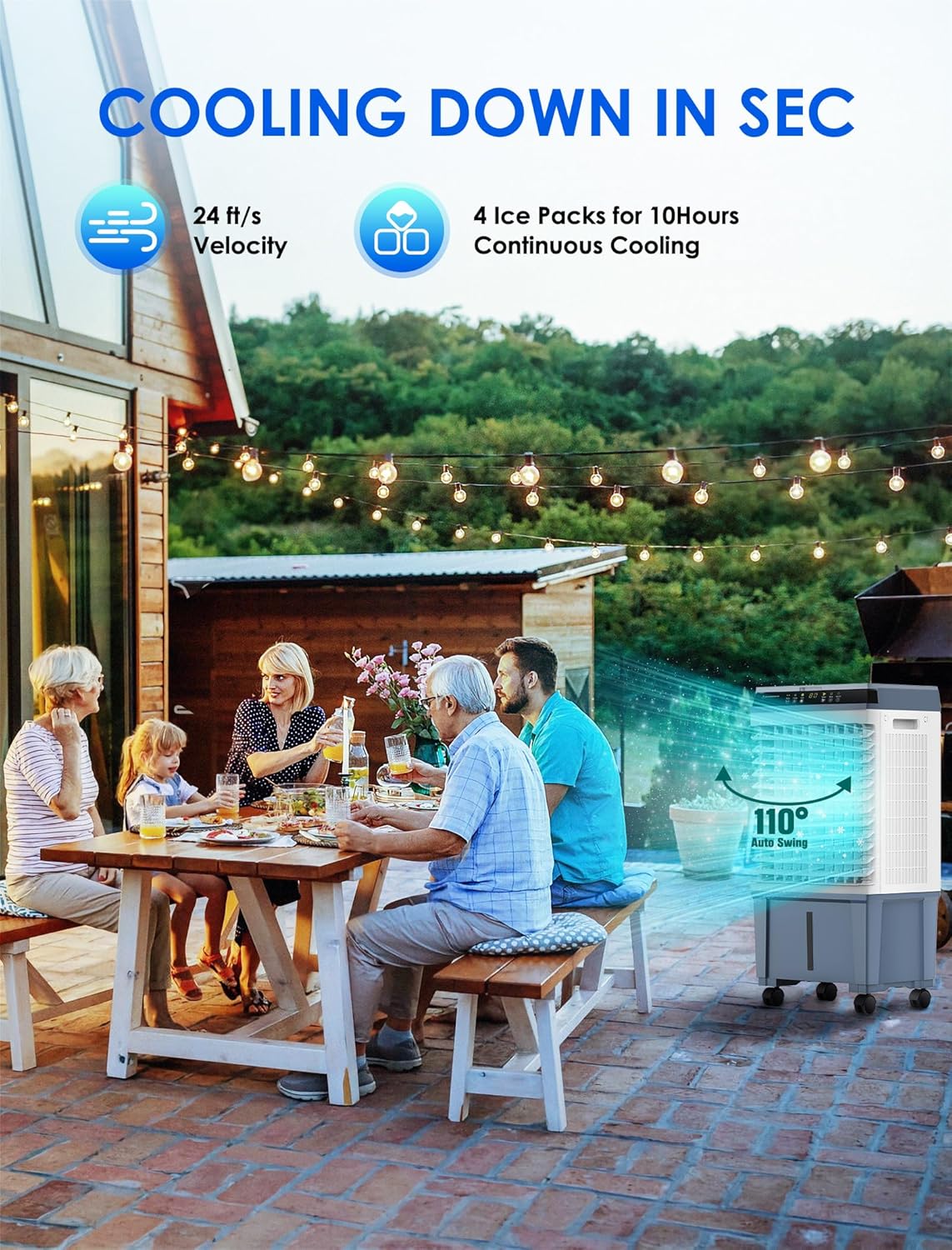 Ecotronic Swamp Cooler, 3-in-1 Evaporative Air Cooler 1800CFM with 12H Timer, Remote Control, 4 Ice Packs & 5.3 Gal Water Tank, 110° Oscillation, 3 Speeds, for Outdoor & Indoor Use