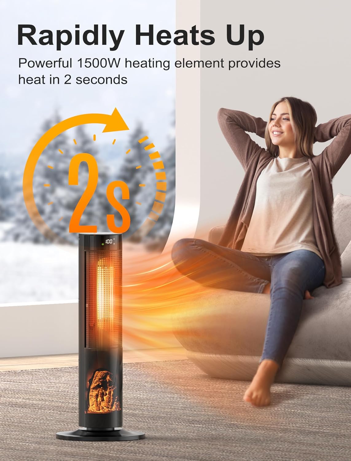 TRUSTECH 26" Tower Space Heater, 1500W Electric Space Heater for Large Room, Thermostat & 3 Modes, 60° Oscillation, 12H Timer, Safe and Quiet Space Heater for Indoor Use, Ceramic Heaters with Remote