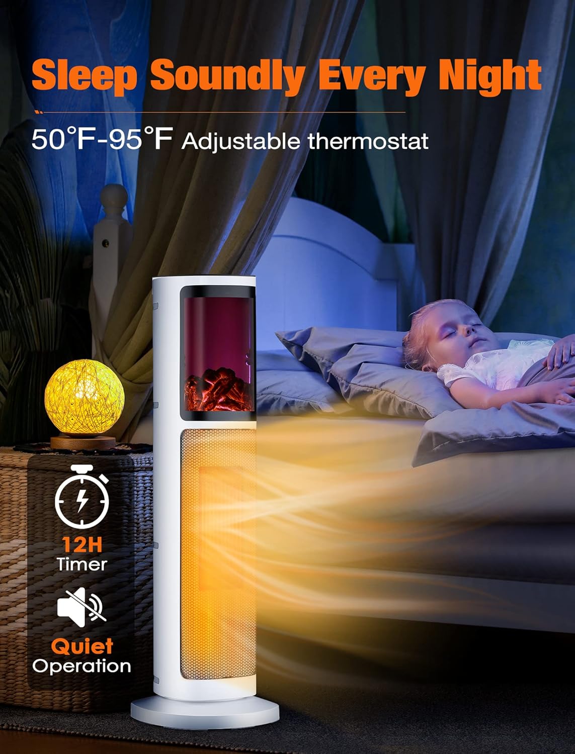 1500W Electric Space Heater, 27" Tower Heater with 3 Modes & Thermostat, 90° Oscillation, 12H Timer, Remote, Overheat & Tip-Over Protection, 3D Flame for Indoor Use