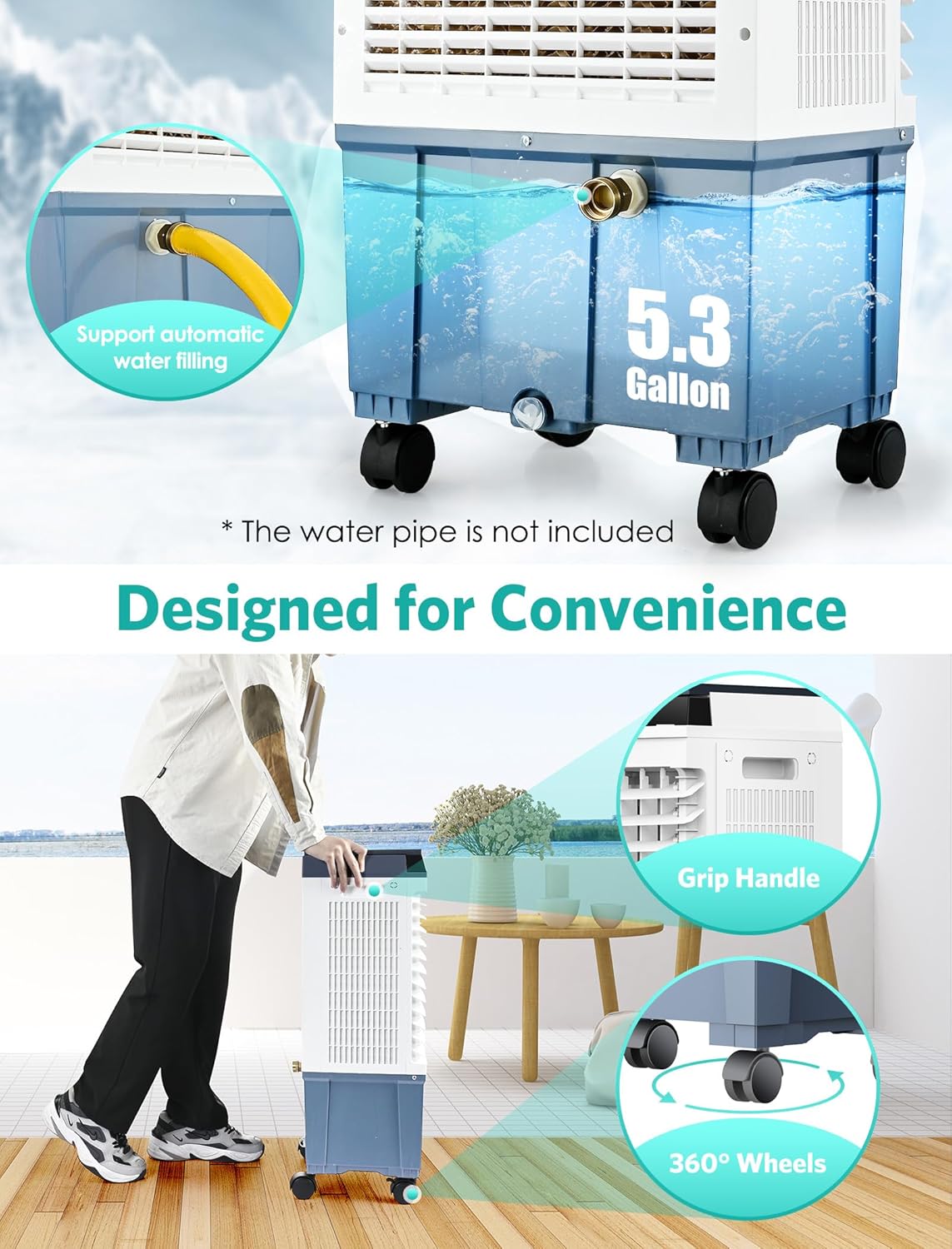 Ecotronic Swamp Cooler, 3-in-1 Evaporative Air Cooler 1800CFM with 12H Timer, Remote Control, 4 Ice Packs & 5.3 Gal Water Tank, 110° Oscillation, 3 Speeds, for Outdoor & Indoor Use