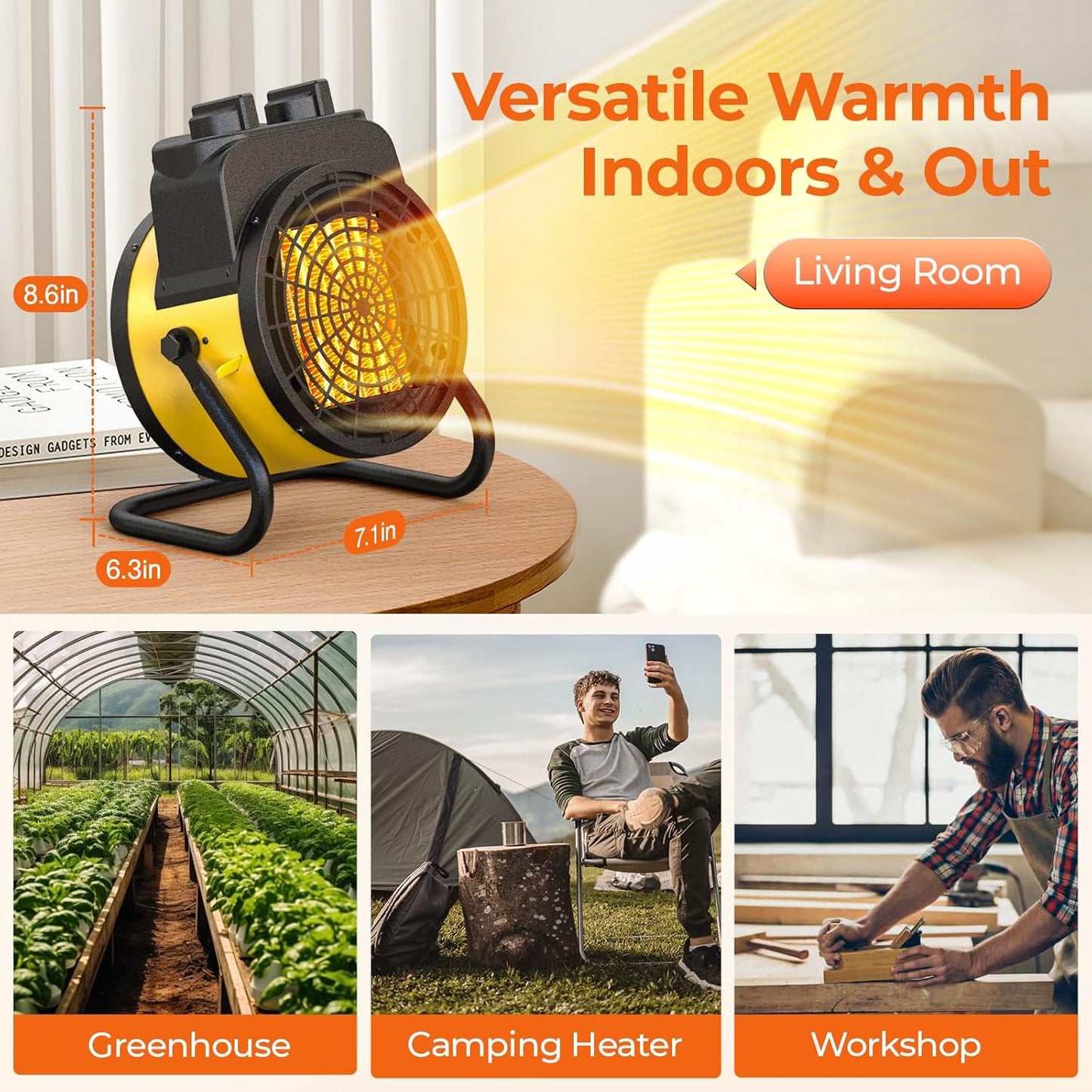 Greenhouse Heater with Thermostat, 1500W Indoor/Outdoor Space Heater with 3 Modes, 3s PTC Fast Heat, Overheat Protection, 90° Tilt Rotation, Portable Garage Heater for Patio, Tent and Indoor Use
