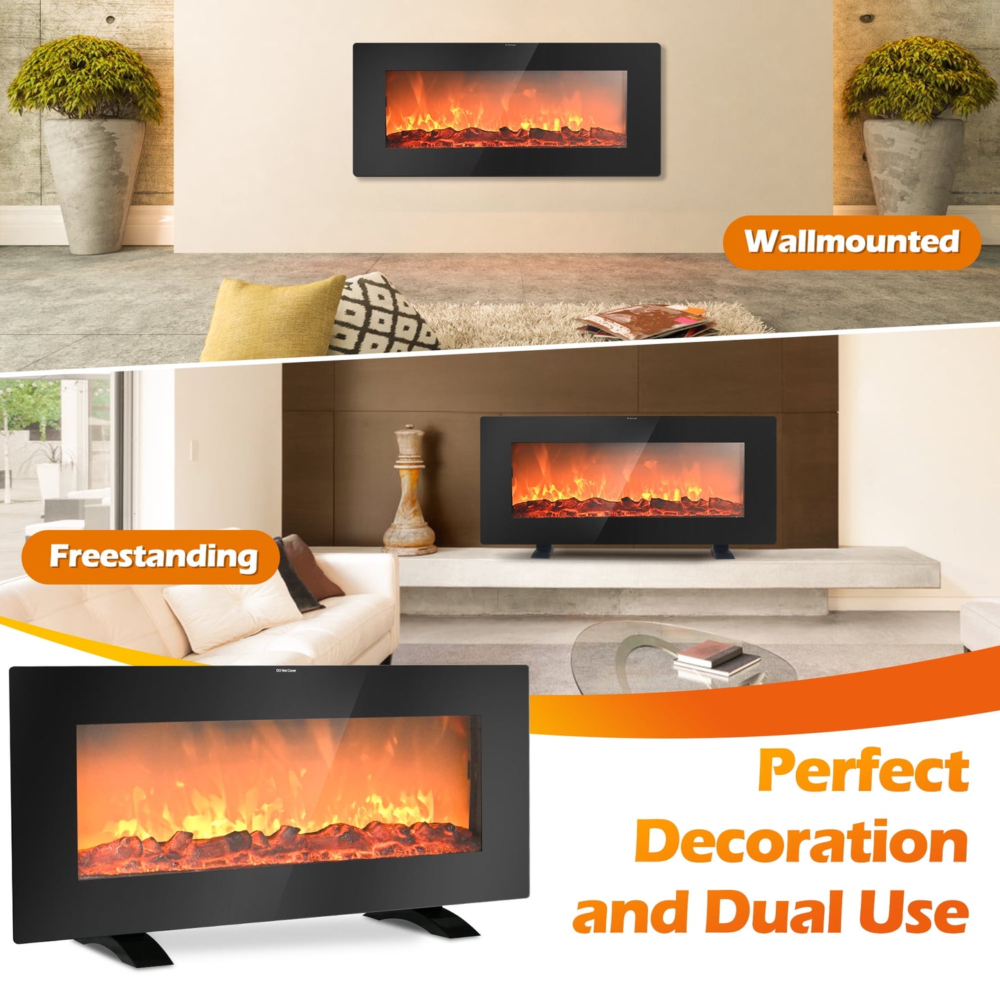 36 inches 1500W Freestanding/Wall-Mounted Electric Fireplace Heater with Remote Control, 7.5-hours timer, 2 Heat Settings & Realistic Flame, Black