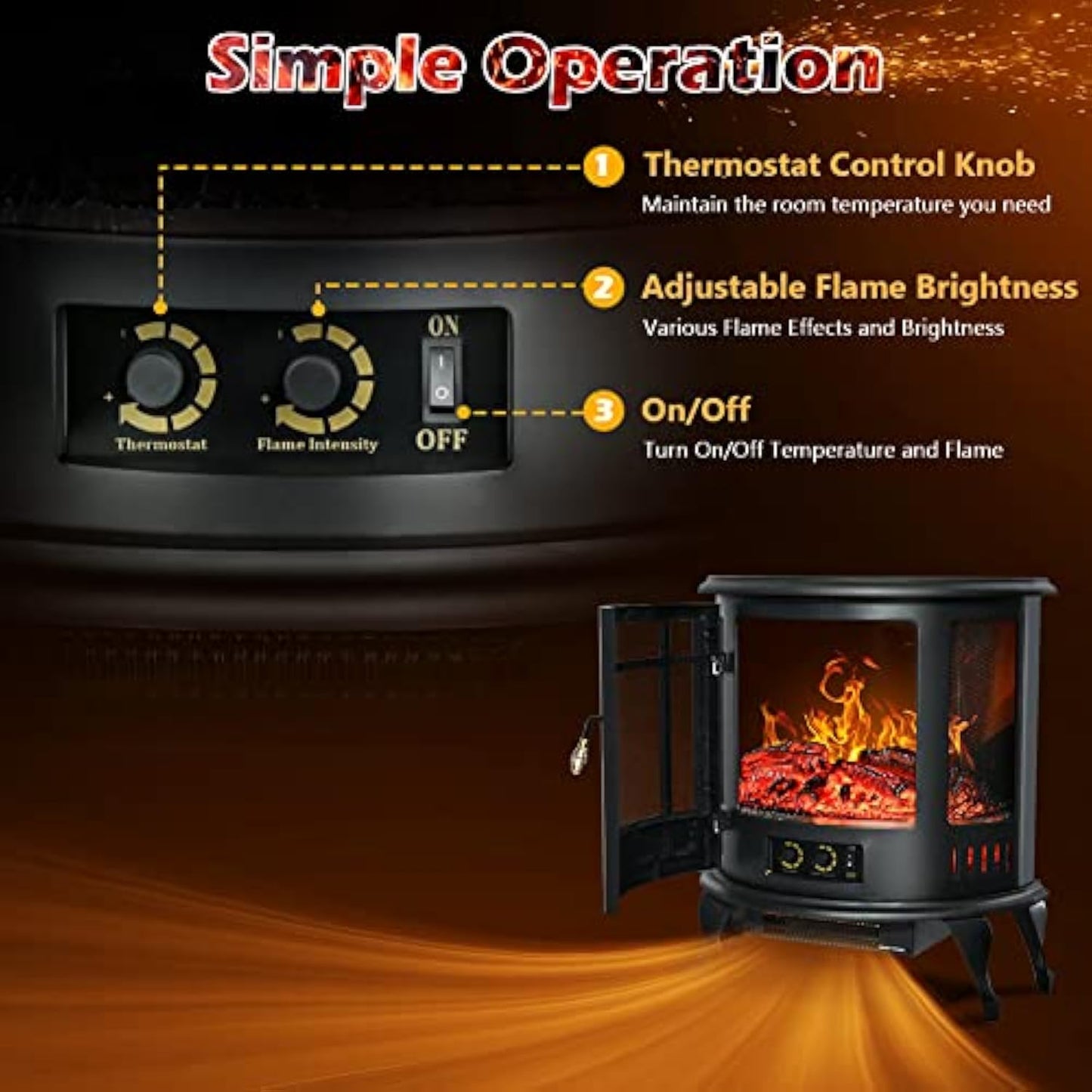 Ecotronic 1500W 25 Inch Electric Fireplace Heater with Thermostat, Real & Adjustable Flame, Overheating Protection For Indoor Use,Black