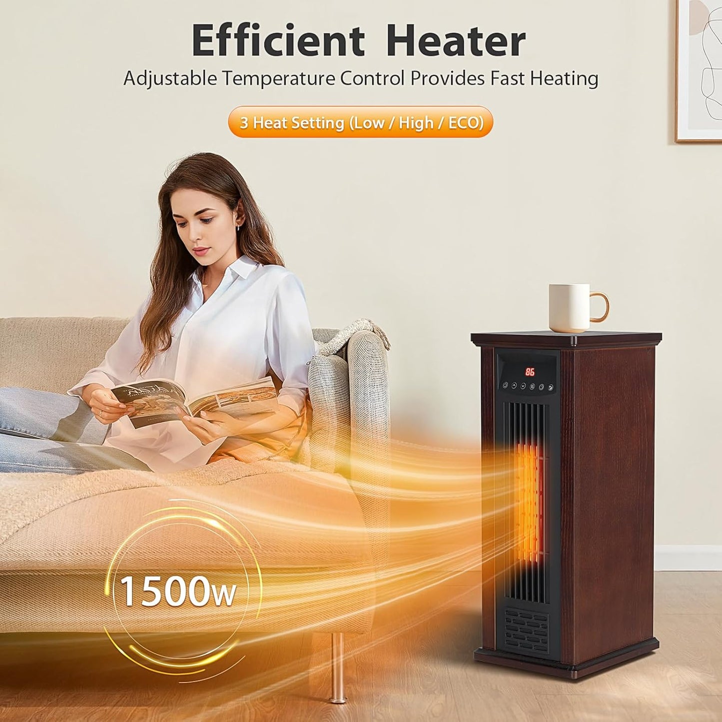 1500W Electric Infrared Space Heater, Quartz Heater with Tip-Over & Overheat Protection, Remote Control, 3 Heat Settings, 12H Timer for Indoor Use