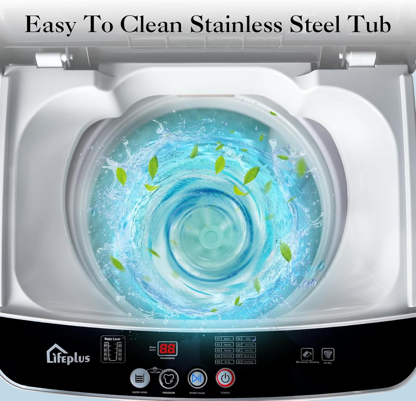 Portable 1.5 Cu.ft Washer 12lbs Capacity, Fully Automatic Compact Washer with Drain Pump, Faucet Adaptor, 10 Programs & 8 Water Levels for Apartment Home/Dorm