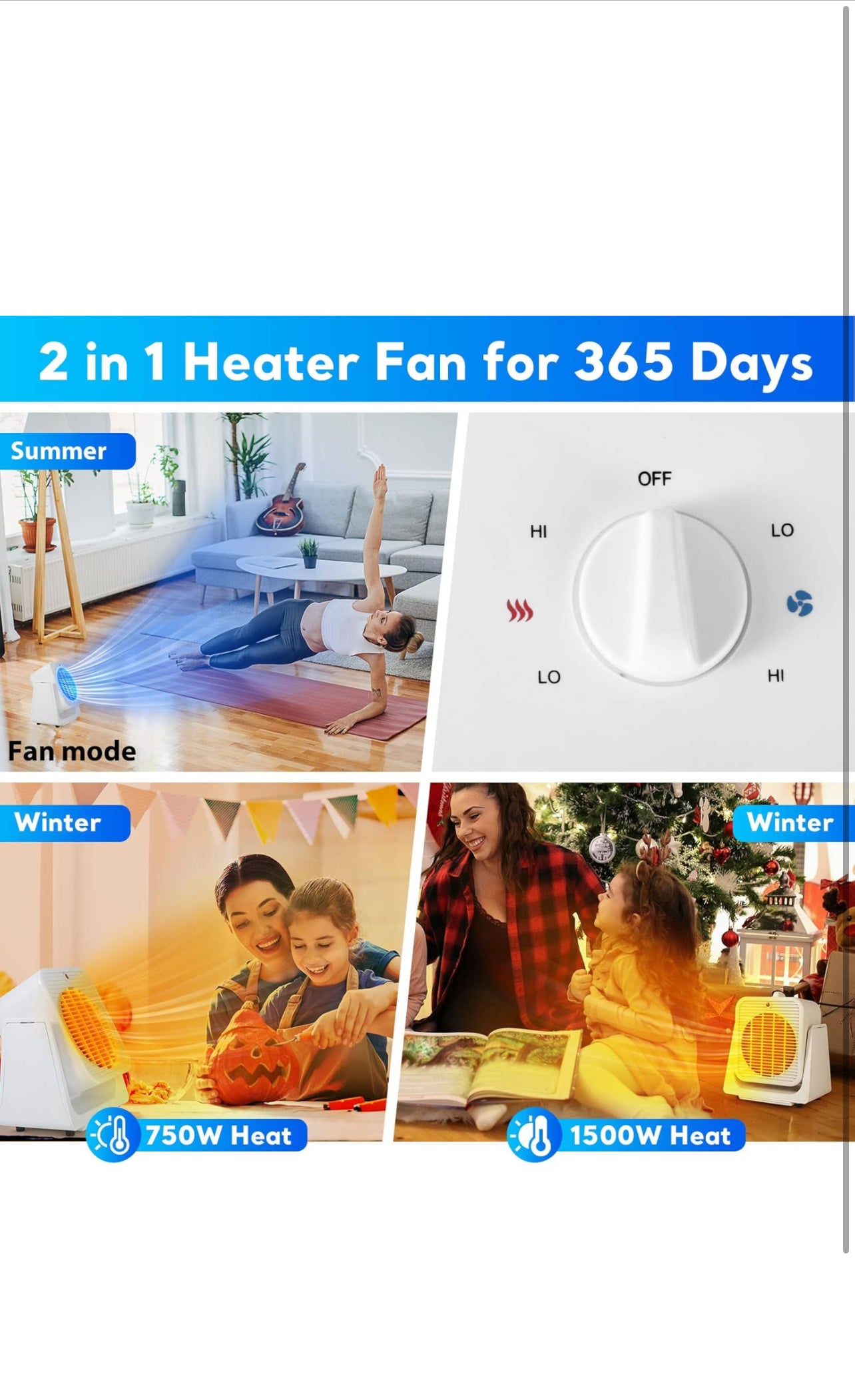 1500W Corded Electric Heater& Fan Combo with 45° Adjustable Angle, Overheated & Tip-Over Protection,3 Modes for 120 Sq.ft, White