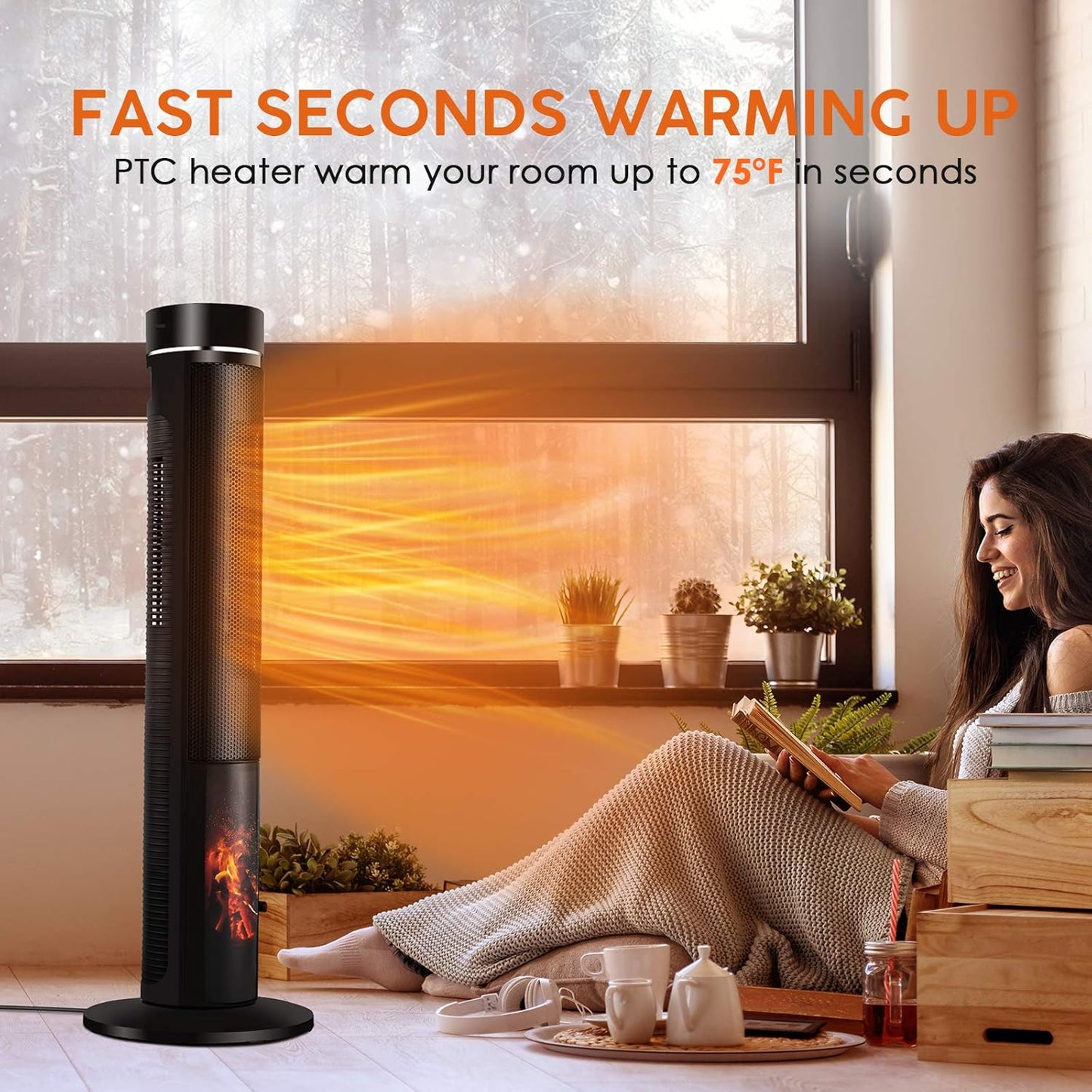 36 inches 1500W Electric Tower Space Heater with 3D Realistic Flame, Remote, Fast Heating, Adjustable Thermostat,3 Modes, Overheating &Tip-over Protection, Oscillating for Indoor Use