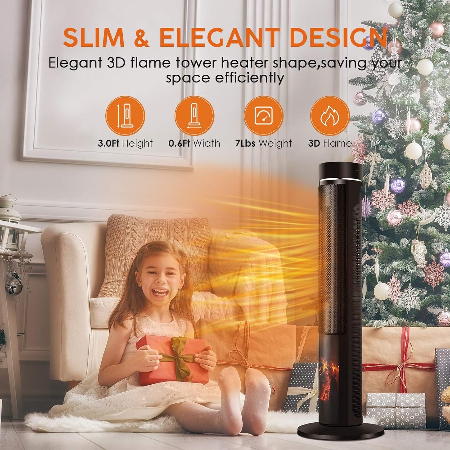 36 inches 1500W Electric Tower Space Heater with 3D Realistic Flame, Remote, Fast Heating, Adjustable Thermostat,3 Modes, Overheating &Tip-over Protection, Oscillating for Indoor Use