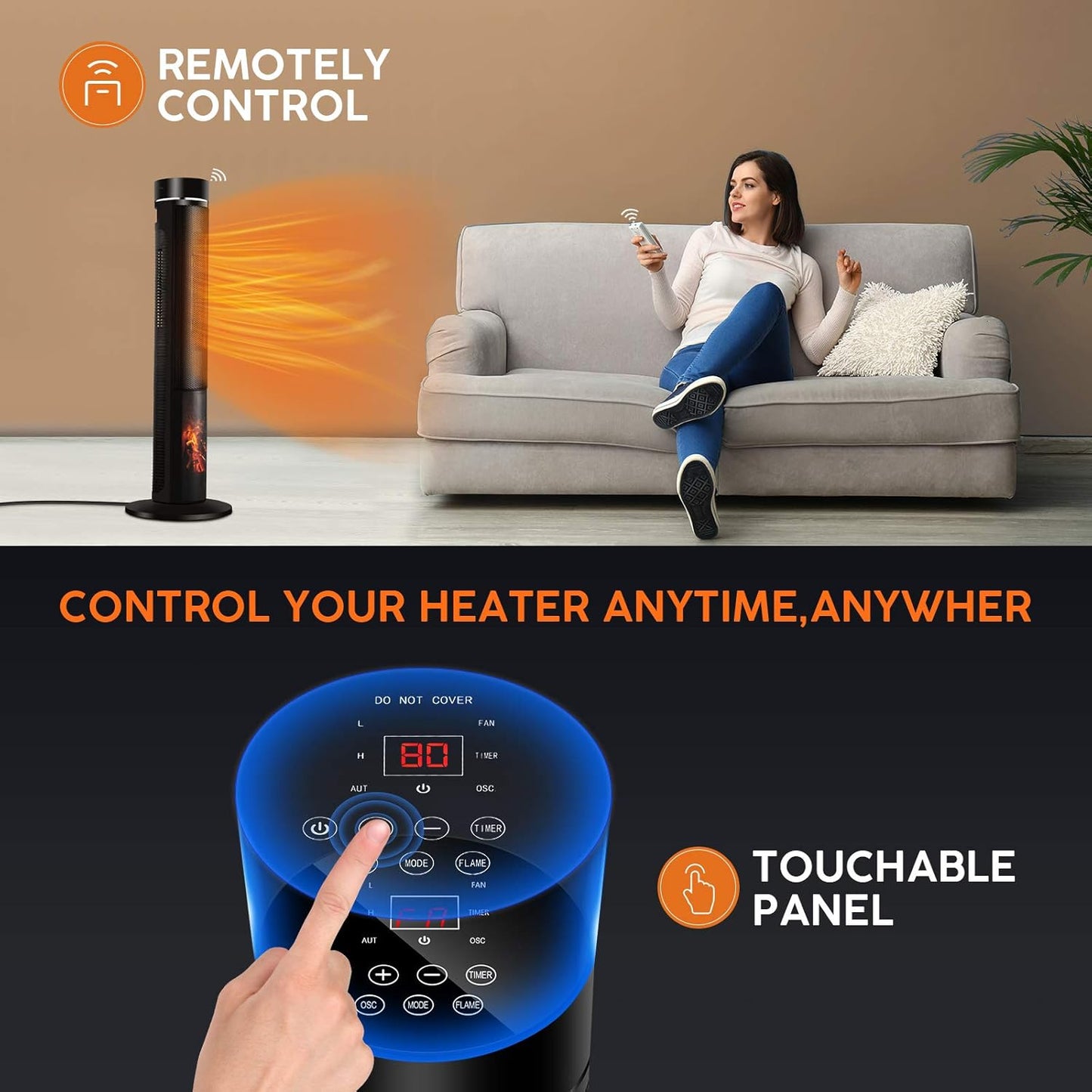 36 inches 1500W Electric Tower Space Heater with 3D Realistic Flame, Remote, Fast Heating, Adjustable Thermostat,3 Modes, Overheating &Tip-over Protection, Oscillating for Indoor Use