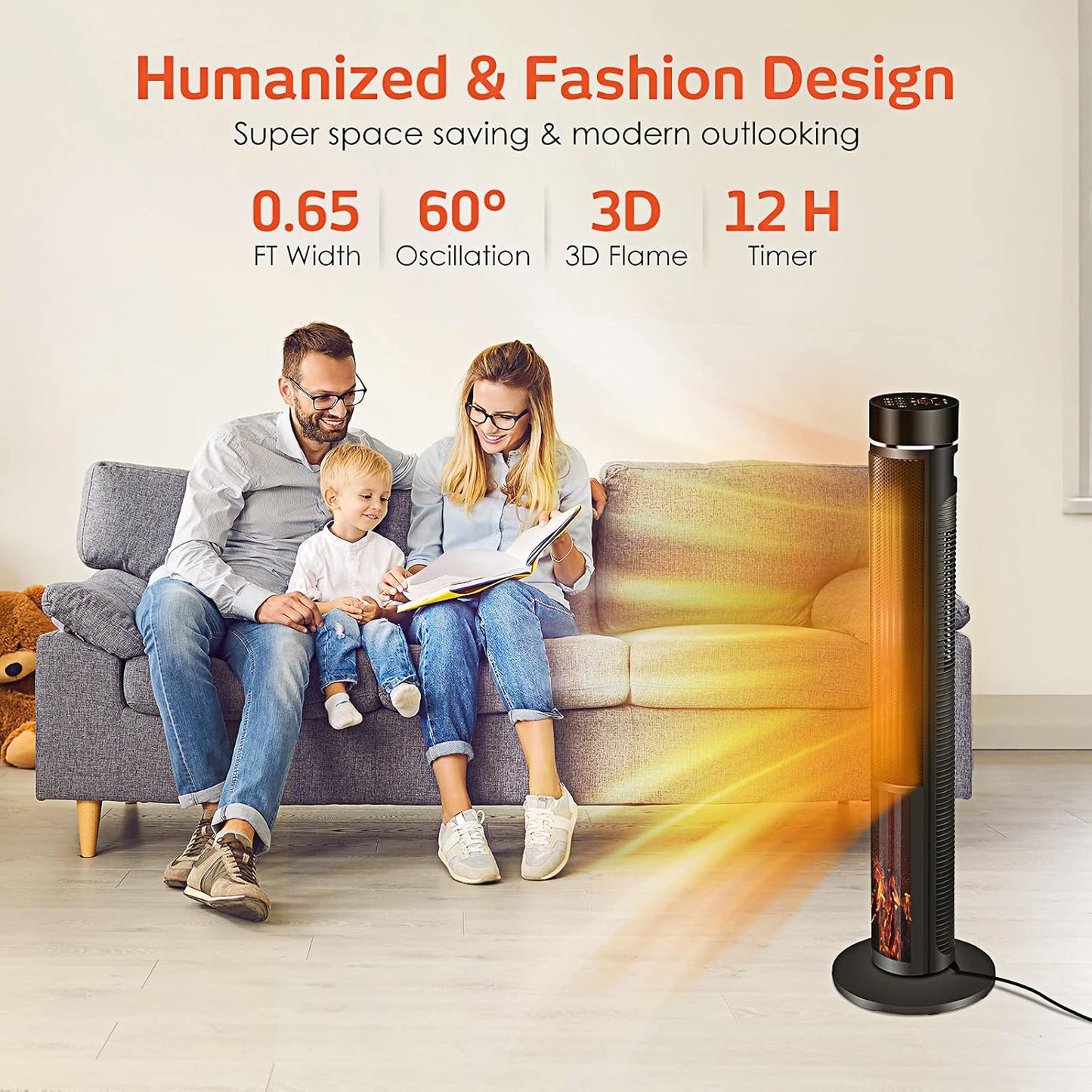 36 inches 1500W Electric Tower Space Heater with 3D Realistic Flame, Remote, Fast Heating, Adjustable Thermostat,3 Modes, Overheating &Tip-over Protection, Oscillating for Indoor Use