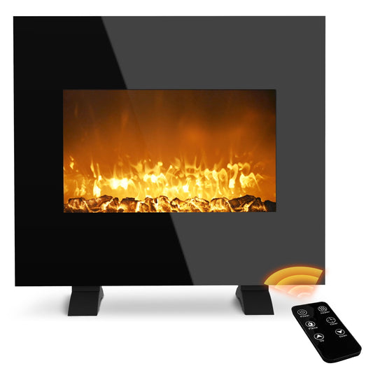 26 inches 1500W Free-standing or Wall Mounted Electric Fireplace, Heater with Pebble Fuel Effect, Adjustable Flames, Heat Settings, and Remote Control, Black