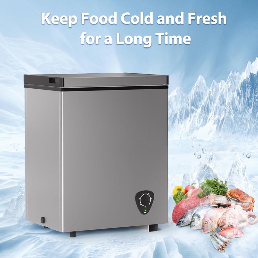 Chest Freezer,3.5 Cu Ft Compact Deep Freezer with Low Noise&Energy Saving, 7 Gears Temperature Control,Grey