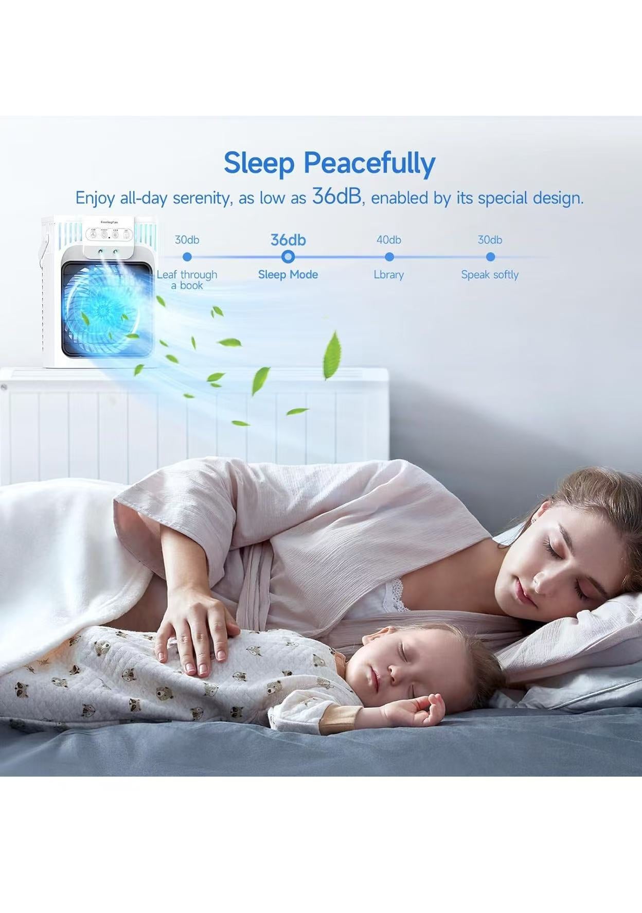 Mini  Evaporative Air Coolers with 3-Speed, USB Charging,7 Color night light for Home & Office , White